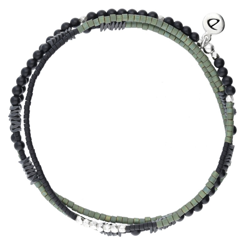 Bracelet Homme élastique TRIPLE TOURS Argent - Hématites & Miyukis noir kaki - DORIANE Bijoux