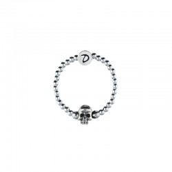 Bague fine élastiquée en Argent - Anneau perlé & Tête de Mort - DORIANE Bijoux