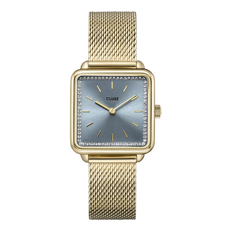 Montre Tetragone Mesh stones Light Blue Gold, cadran carré & cristaux