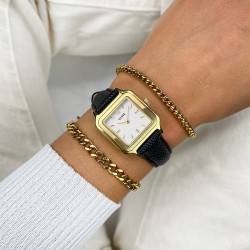 Montre Gracieuse Leather Black Lizard Gold, cadran carré blanc & bracelet cuir noir - CLUSE