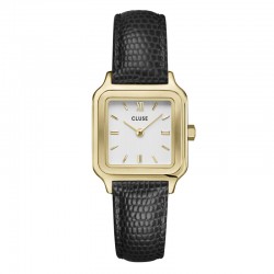 Montre Gracieuse Leather Black Lizard Gold, cadran carré blanc & bracelet cuir noir - CLUSE