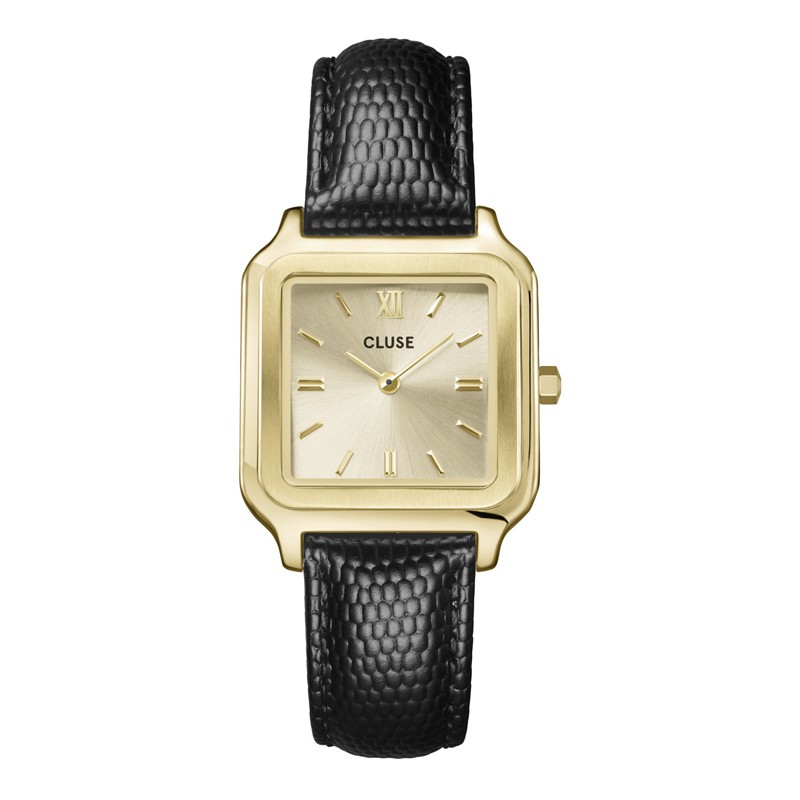 Montre Gracieuse Leather Black Lizard Gold, cadran carré doré & bracelet cuir noir - CLUSE