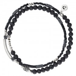 Bracelet Homme élastique 2 tours INFLUENCE Argent - Perles de Lave Onyx & Miyukis noir - DORIANE Bijoux