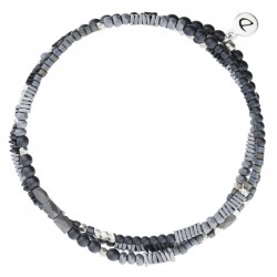 Bracelet Homme élastique 3 tours Argent - Hématites & Miyukis gris choco - DORIANE Bijoux