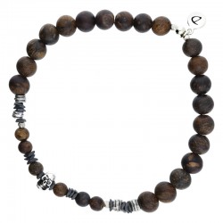 Bracelet Homme élastique SKULL Argent - Perles lisses choco & Tête de Mort - DORIANE Bijoux