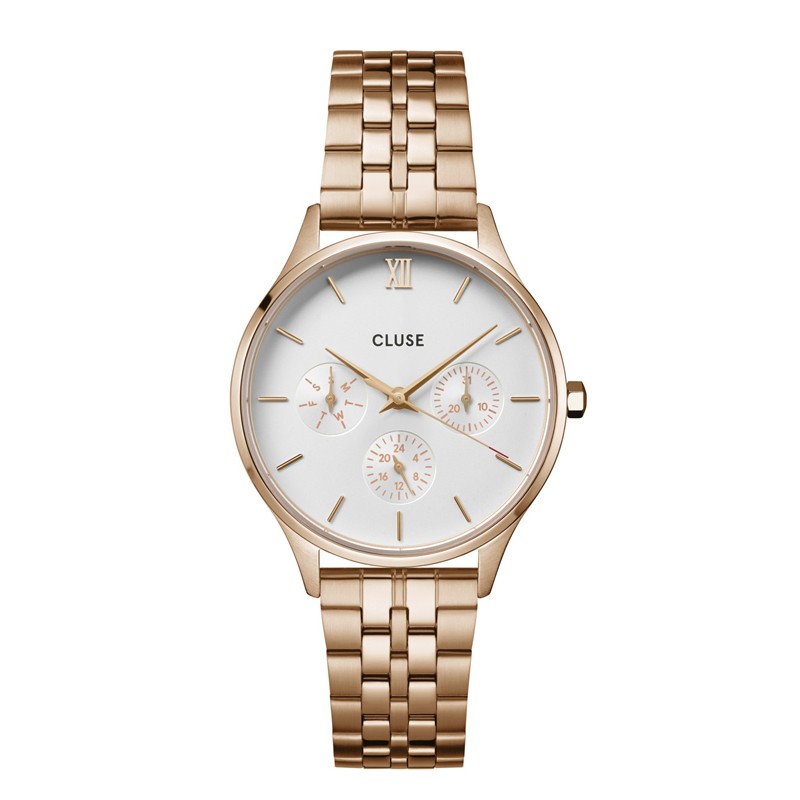 Montre Minuit Multifonction Steel Rose Gold, cadran rond blanc & bracelet oyster - DORIANE Bijoux Montre Minuit Multifonction Steel Rose Gold, cadran rond blanc & bracelet oyster - DORIANE Bijoux