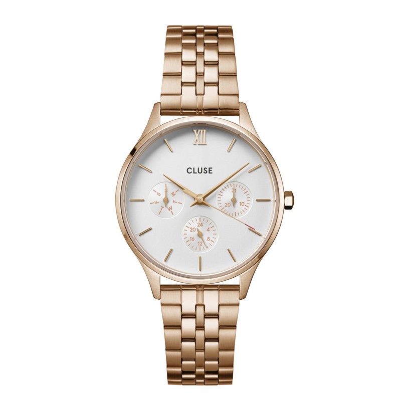 Montre Minuit Multifonction Steel Rose Gold, cadran rond blanc & bracelet oyster - DORIANE Bijoux