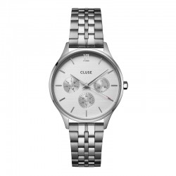 Montre Minuit Multifonction Steel Full Silver, cadran rond blanc & bracelet oyster - CLUSE