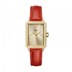 Montre Fluette, couleur or et corail, cadran rectangle & bracelet cuir CLUSE