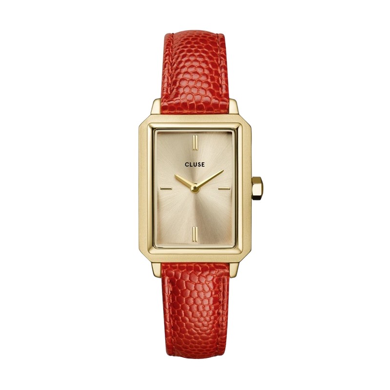 Montre Fluette, couleur or et corail, cadran rectangle & bracelet cuir CLUSE