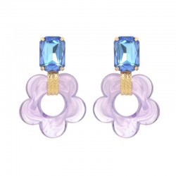Boucles d'oreilles pendantes FLOREM doré - Cristal bleu & Fleur résine violet - julieSion