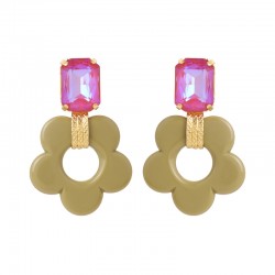 Boucles d'oreilles pendantes FLOREM doré - Cristal rose & Fleur résine kaki - julieSion