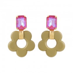 Boucles d'oreilles pendantes FLOREM doré - Cristal rose & Fleur résine kaki - julieSion