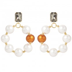 Boucles d'oreilles créoles OXFORD doré - Cristal gris & Perles blanc orange - julieSion