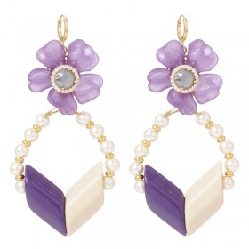 Boucles d'oreilles pendantes LIBERTY doré - Cristal, Perle & Flèche résine blanc violet - Julie Sion