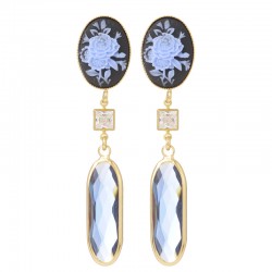 Boucles d'oreilles pendantes LORD doré - Camée bleu & Cristaux blanc bleu - Julie Sion