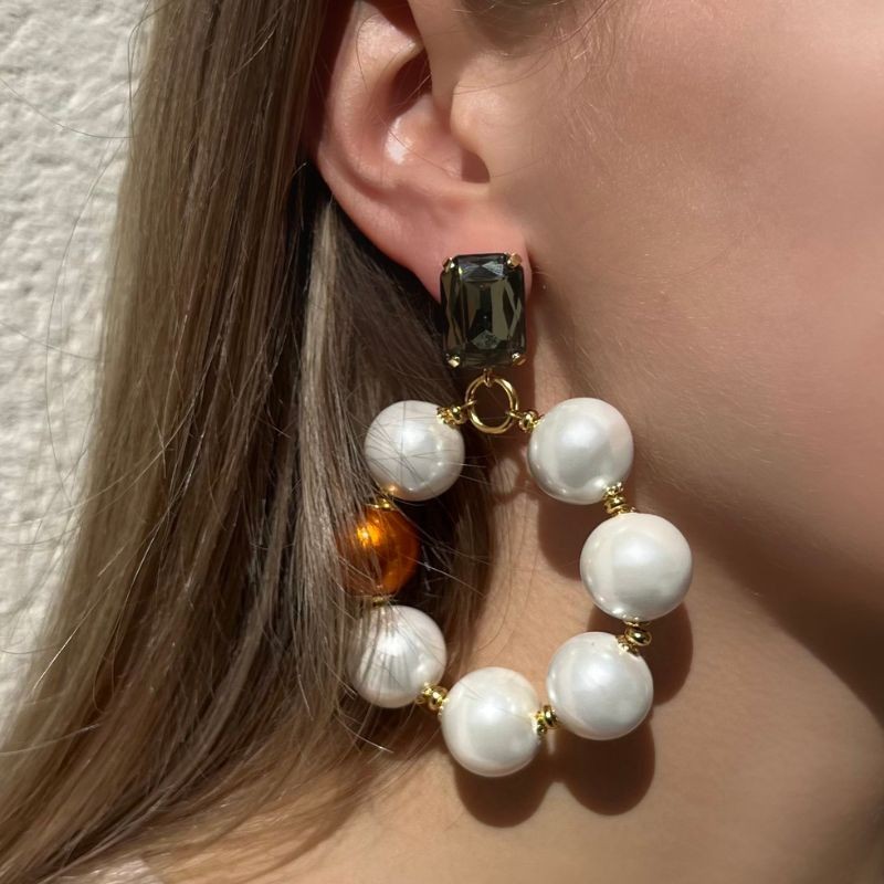 Boucles d'oreilles créoles OXFORD - Cristal gris & Perles blanc orange