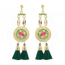 Boucles d'oreilles pendantes FARO Or - Puces, Fleur de Lotus, pompon vert - Laëti Trëma