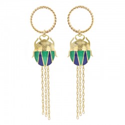 Boucles d'oreilles pendantes SCARABEE Or - Anneaux torsadés, scarabée vert & chainettes - Laëti Trëma