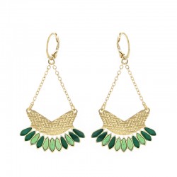 Boucles d'oreilles pendantes BALI Or - Dormeuse, panier tressé, grain de rizini scarabée bleu vert - Laëti Trëma