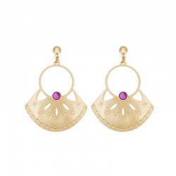 Boucles d'oreilles pendantes KARNAC Or - Plastron fleur de Papyrus, cabochon violet - Laëti Trëma