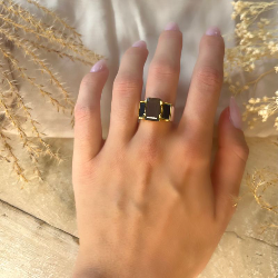 Bague large ART DECO doré - Anneau argent & Baguettes Quartz fumé TAILLE 56