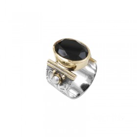 Bague large ethnique argent laiton doré Onyx ovale & Perles blanches CANYON