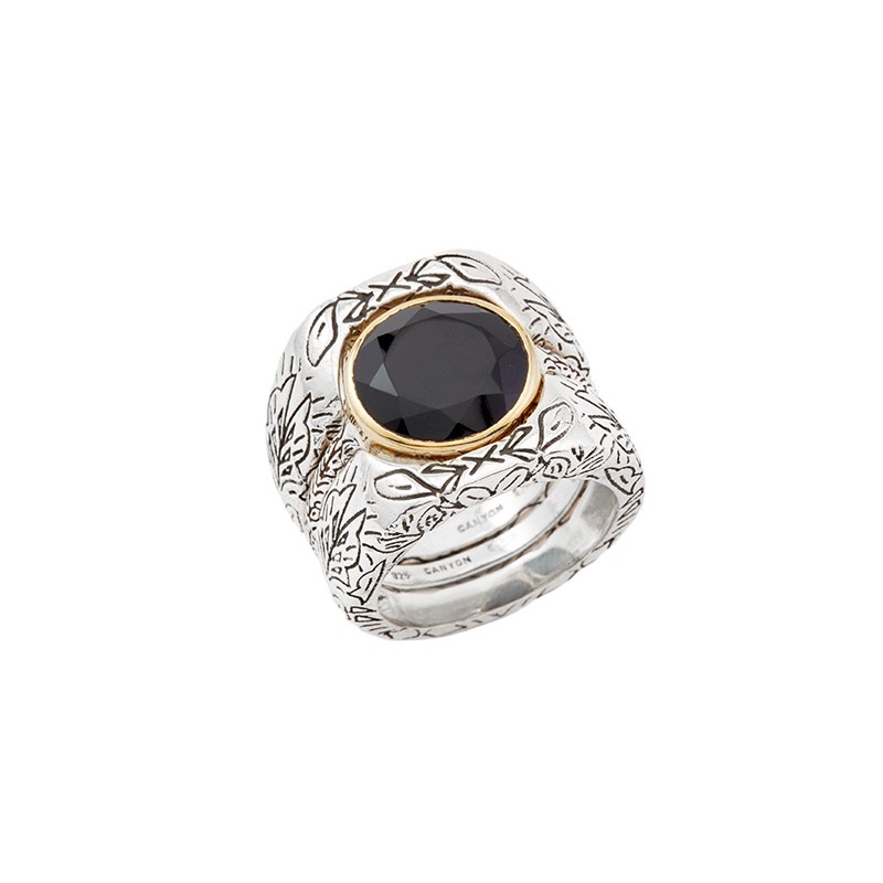 Bague 3 en 1 Argent argent doré - Anneaux antiques Onyx noir