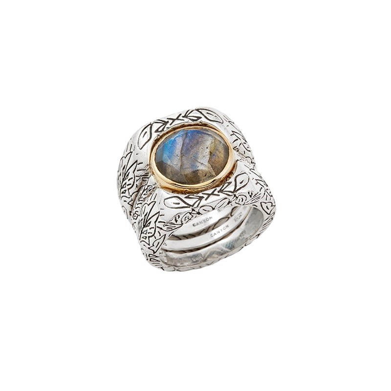 Bague 3 en 1 Argent doré - Anneaux antiques Labradorite grise CANYON