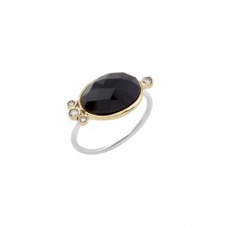 Bague Argent doré - Cabochon Onyx noir ovale & Zircons ronds CANYON