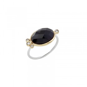 Bague Argent doré - Cabochon Onyx noir ovale & Zircons ronds CANYON