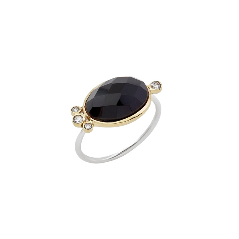Bague Argent doré - Cabochon Onyx noir ovale & Zircons ronds CANYON Bague Argent doré - Cabochon Onyx noir ovale & Zircons ronds CANYON