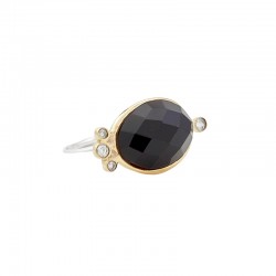 Bague Argent doré LEONISSE - Cabochon Onyx noir ovale & Zircons ronds TAILLE 56
