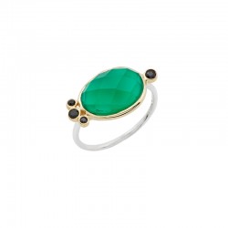 Bague fine Argent doré - Cabochon Onyx vert ovale & Zircons noirs CANYON