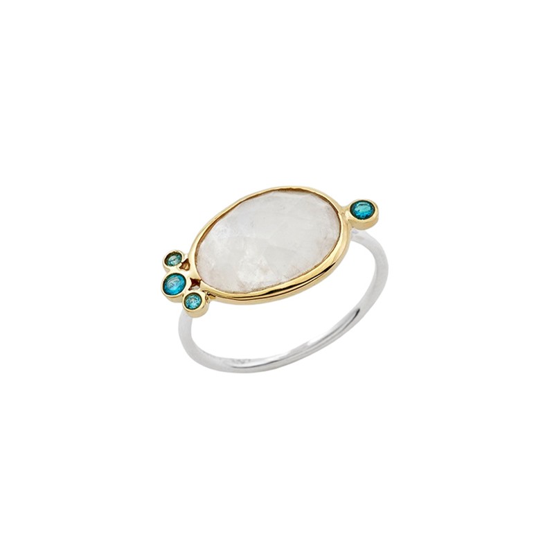 Bague fine Argent doré - Pierre de Lune ovale & Zircons turquoise CANYON