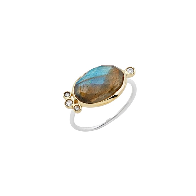 Bague fine Argent doré - Cabochon Labradorite ovale & Zircons ronds CANYON