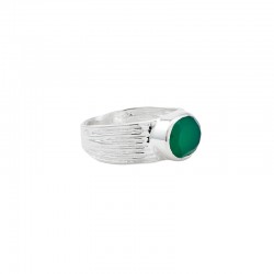 Bague large Argent - Anneau strié & Cabochon Onyx vert ovale CANYON