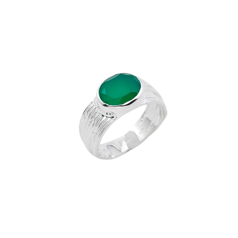 Bague large Argent - Anneau strié & Cabochon Onyx vert ovale CANYON BIJOUX ARGENT