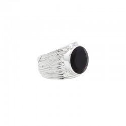 Bague en Argent - Anneau large strié & Cabochon Onyx rond noir TAILLE 52