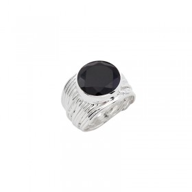 Bague en Argent - Anneau large strié & Cabochon Onyx rond noir CANYON