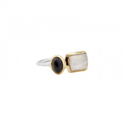 Bague Argent Laiton - Cabochons, Pierre de Lune rectangle & Onyx ovale TAILLE 50