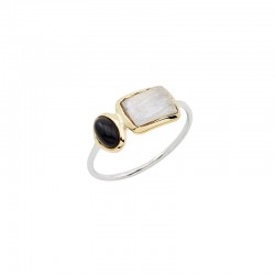 Bague fine Argent doré - Pierre de Lune rectangle & Onyx ovale CANYON