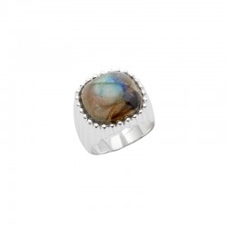 Bague large Argent - Anneau strié & Cabochon Labradorite carrée CANYON