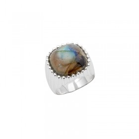 Bague large Argent - Anneau strié & Cabochon Labradorite carrée CANYON