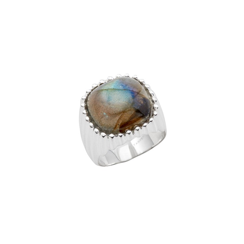 Bague large Argent - Anneau strié & Cabochon Labradorite carrée CANYON