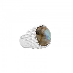 Bague large Argent - Anneau tubes & Cabochon Labradorite carrée TAILLE 50