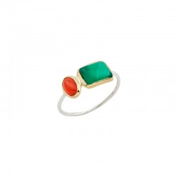 Bague fine Argent doré - Onyx vert rectangle & Onyx rouge ovale CANYON