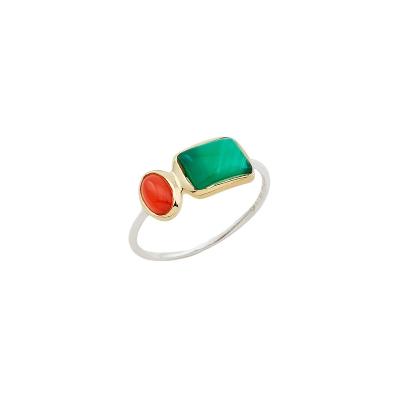 Bague fine Argent doré - Onyx vert rectangle & Onyx rouge ovale CANYON