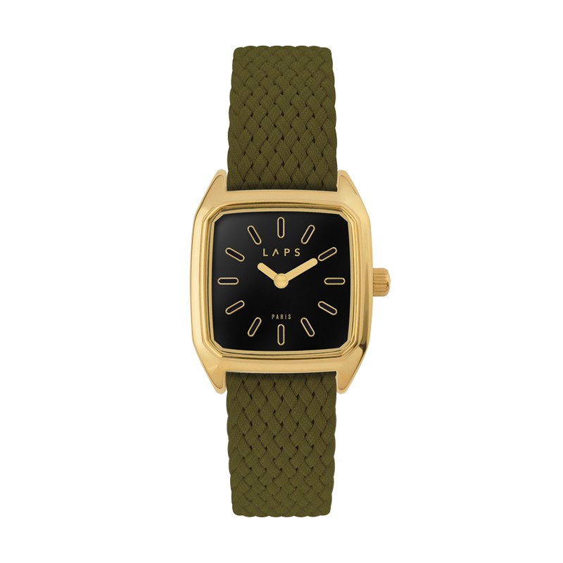 Montre PRIMA BOBBY NOIRE - cadran carré & bracelet tressé vert olive - Laps Montre PRIMA BOBBY NOIRE - cadran carré & bracelet tressé vert olive - Laps