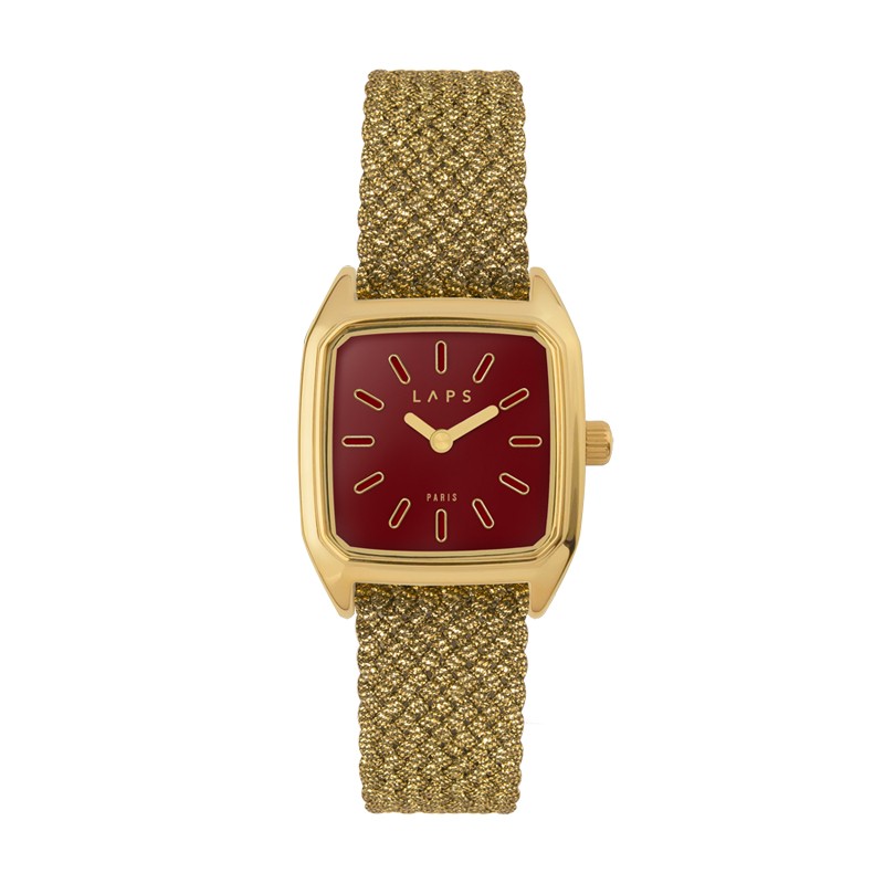 Montre PRIMA BOBBY ROUGE - cadran carré & bracelet tressé doré - Laps Montre PRIMA BOBBY ROUGE - cadran carré & bracelet tressé doré - Laps